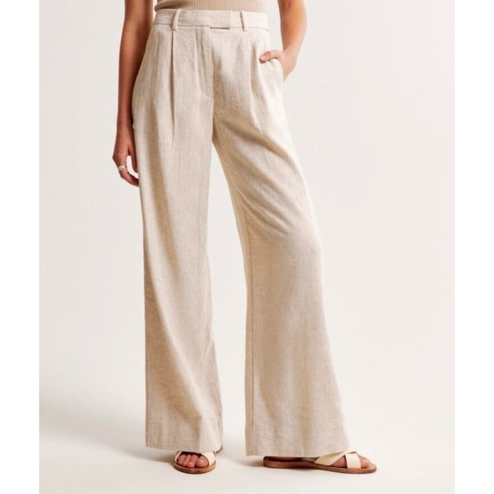 Abercrombie & Fitch Harper Tailored Wide Leg Linen Blend Beige Pants